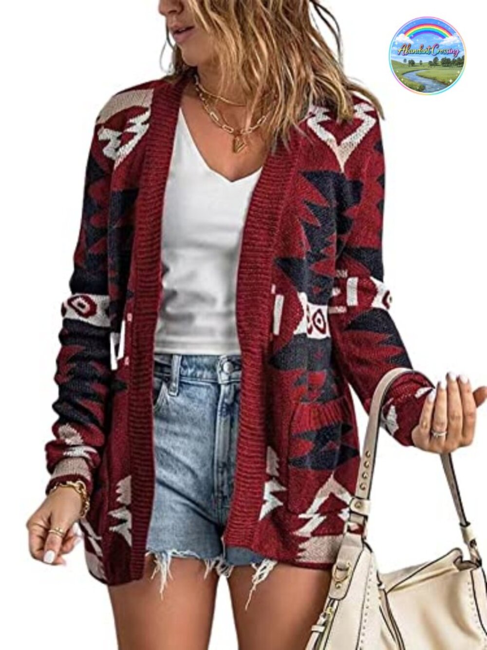 Open Front Cardigan Tribal Aztec Print Knitted Jacquard Sweater